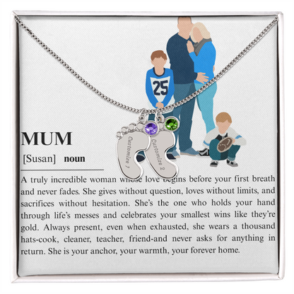 Personalized Mum Engraved Baby Feet Necklace with Birthstone