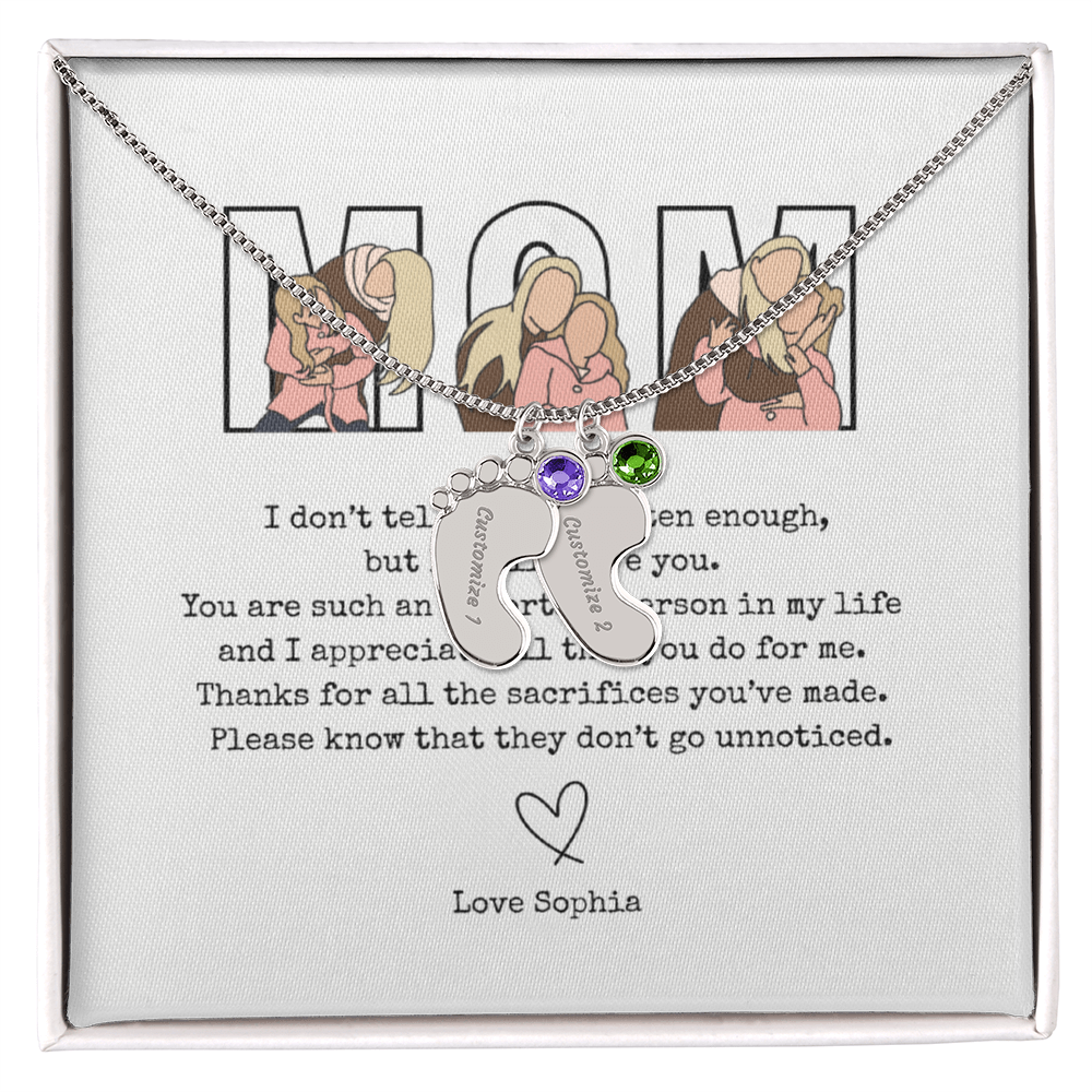 Personalized Mom Engraved Baby Feet Necklace with Birthstone