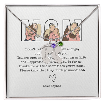 Personalized Mom Engraved Baby Feet Necklace with Birthstone