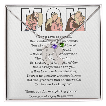 Personalized Mom Engraved Baby Feet Necklace with Birthstone