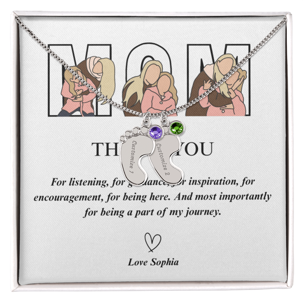Personalized Thank You Mom  Engraved Baby Feet Necklace with Birthstone