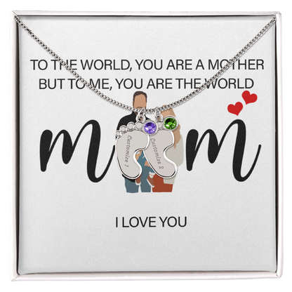 Personalized Mom I Love You  Engraved Baby Feet Necklace with Birthstone