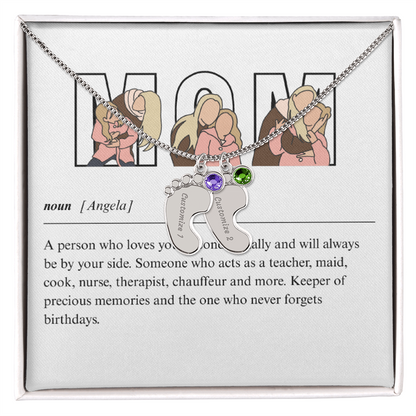 Custom Mom Engraved Baby Feet Necklace with Birthstone