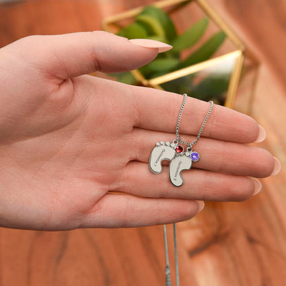 Custom Mom Engraved Baby Feet Necklace with Birthstone