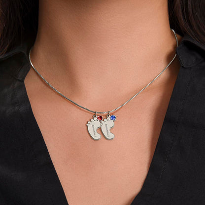 Personalized Mum Engraved Baby Feet Necklace with Birthstone