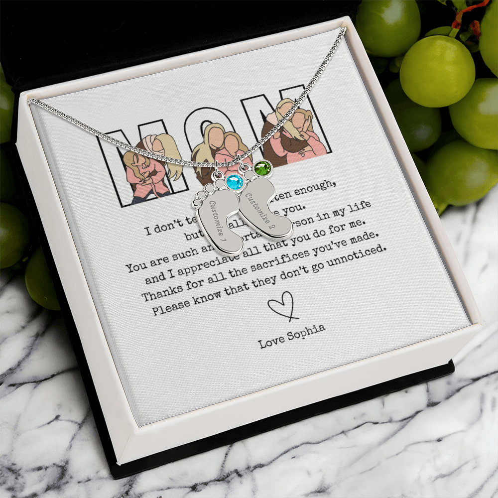 Personalized Mom Engraved Baby Feet Necklace with Birthstone