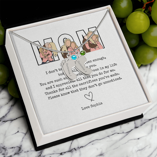 Personalized Mom Engraved Baby Feet Necklace with Birthstone
