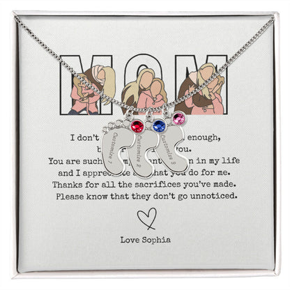 Personalized Mom Engraved Baby Feet Necklace with Birthstone