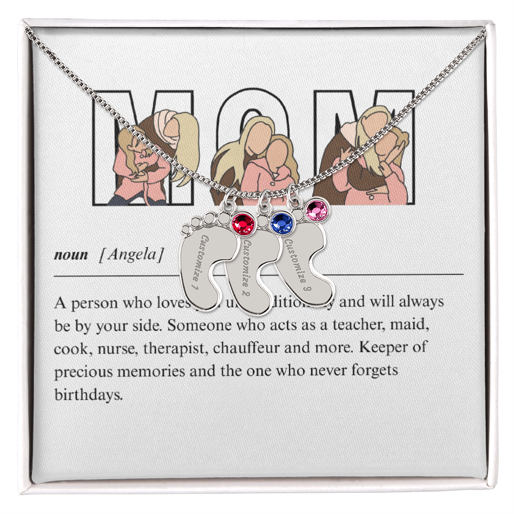 Custom Mom Engraved Baby Feet Necklace with Birthstone