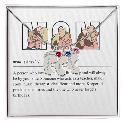 Custom Mom Engraved Baby Feet Necklace with Birthstone