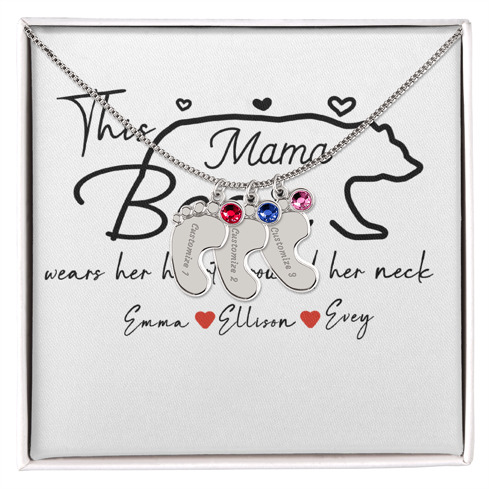 Personalized Mama Bear Engraved Baby Feet Necklace with Birthstone