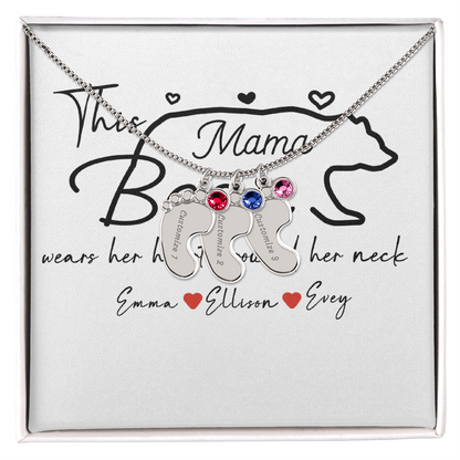 Personalized Mama Bear Engraved Baby Feet Necklace with Birthstone