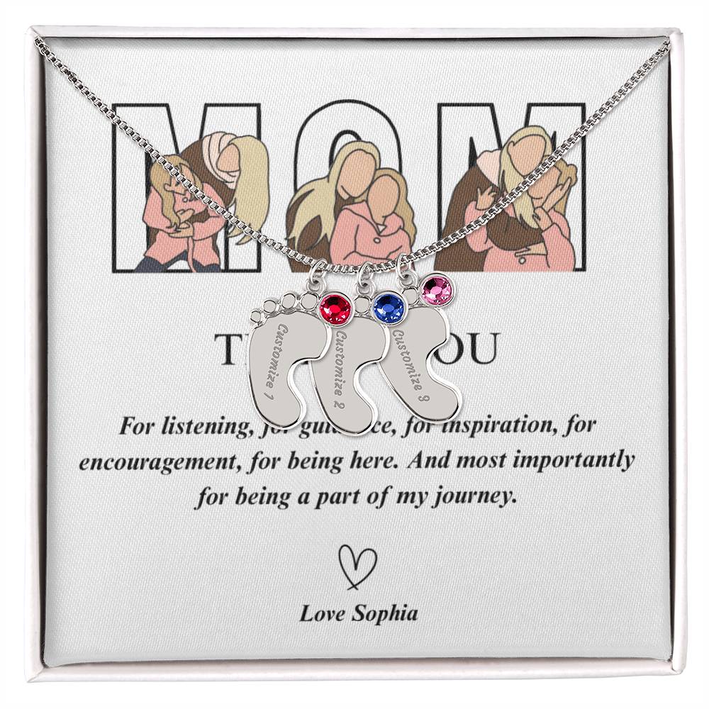 Personalized Thank You Mom  Engraved Baby Feet Necklace with Birthstone