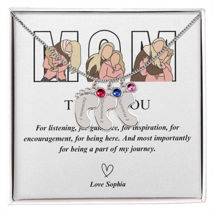 Personalized Thank You Mom  Engraved Baby Feet Necklace with Birthstone