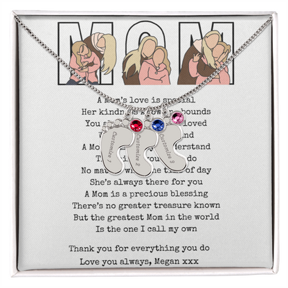Personalized Mom Engraved Baby Feet Necklace with Birthstone