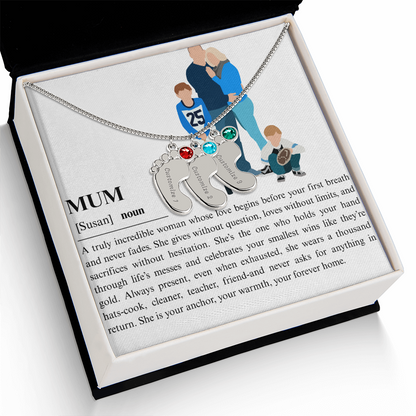 Personalized Mum Engraved Baby Feet Necklace with Birthstone