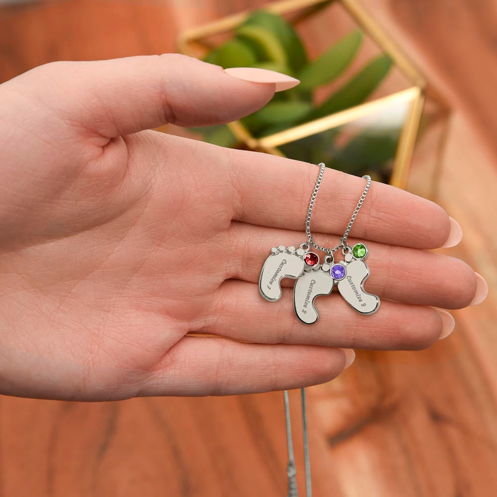 Custom Mom Engraved Baby Feet Necklace with Birthstone