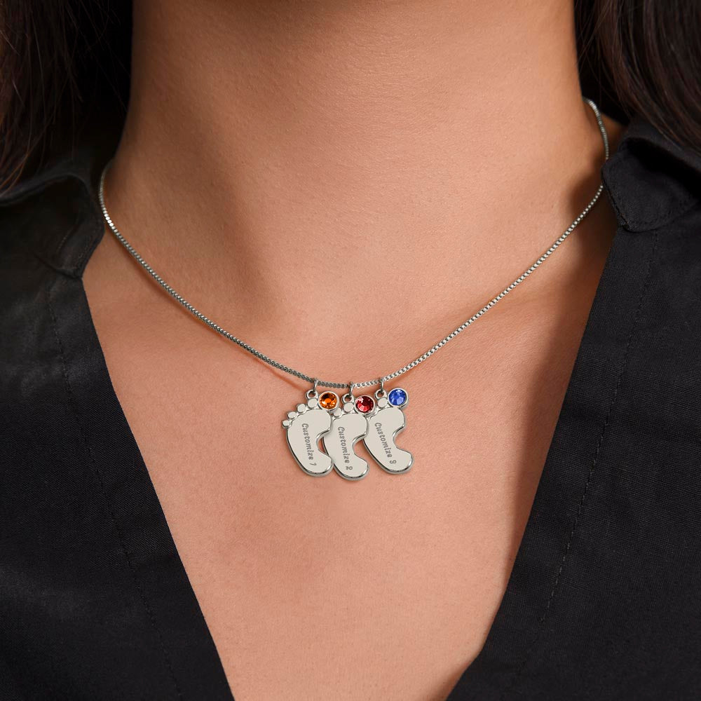 Custom Mom Engraved Baby Feet Necklace with Birthstone