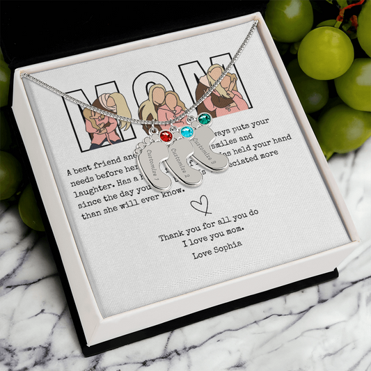 Personalized Mom Engraved Baby Feet Necklace with Birthstone
