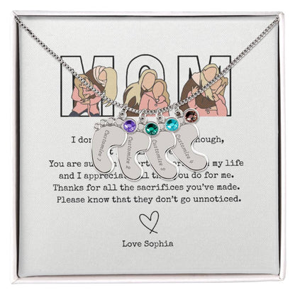 Personalized Mom Engraved Baby Feet Necklace with Birthstone