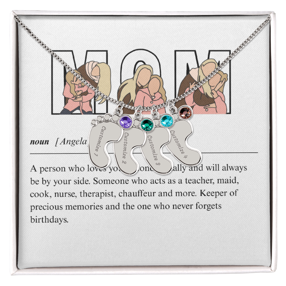 Custom Mom Engraved Baby Feet Necklace with Birthstone