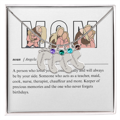 Custom Mom Engraved Baby Feet Necklace with Birthstone
