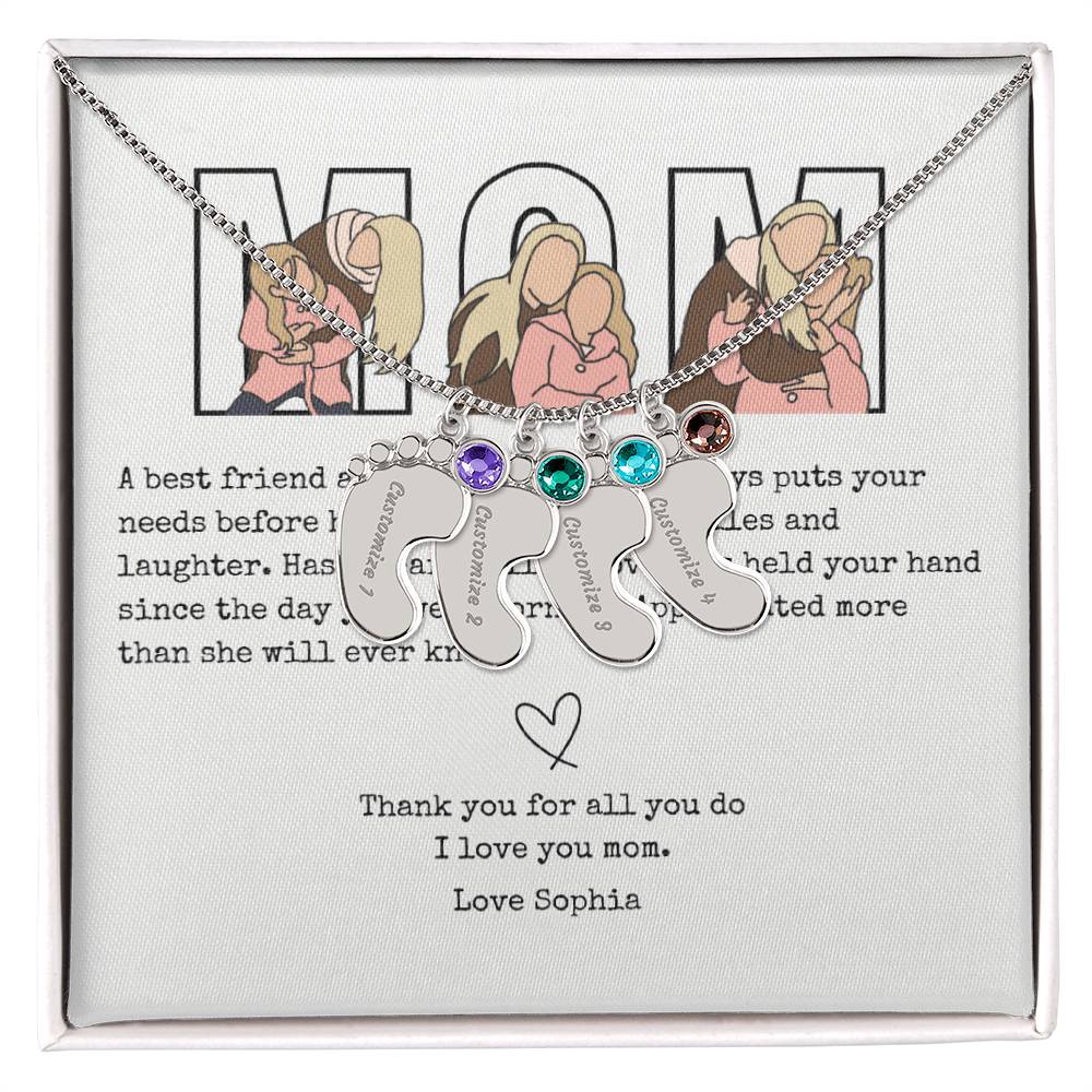 Personalized Mom Engraved Baby Feet Necklace with Birthstone