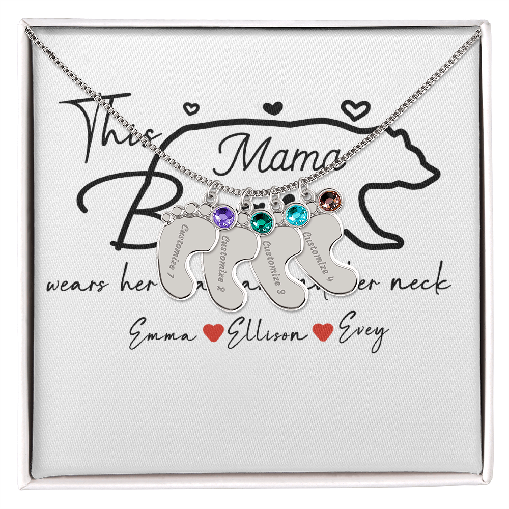 Personalized Mama Bear Engraved Baby Feet Necklace with Birthstone