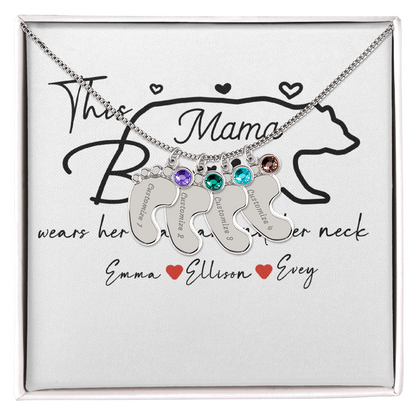 Personalized Mama Bear Engraved Baby Feet Necklace with Birthstone