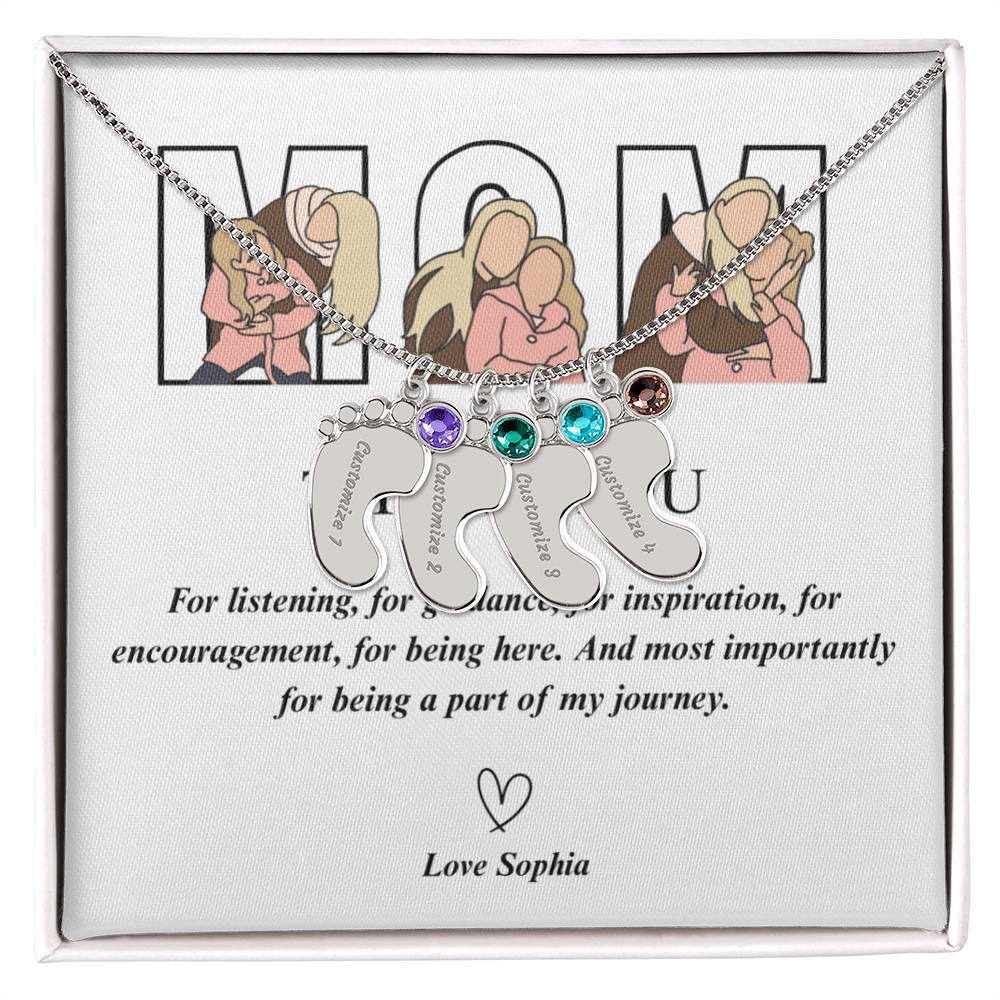 Personalized Thank You Mom  Engraved Baby Feet Necklace with Birthstone