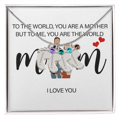 Personalized Mom I Love You  Engraved Baby Feet Necklace with Birthstone