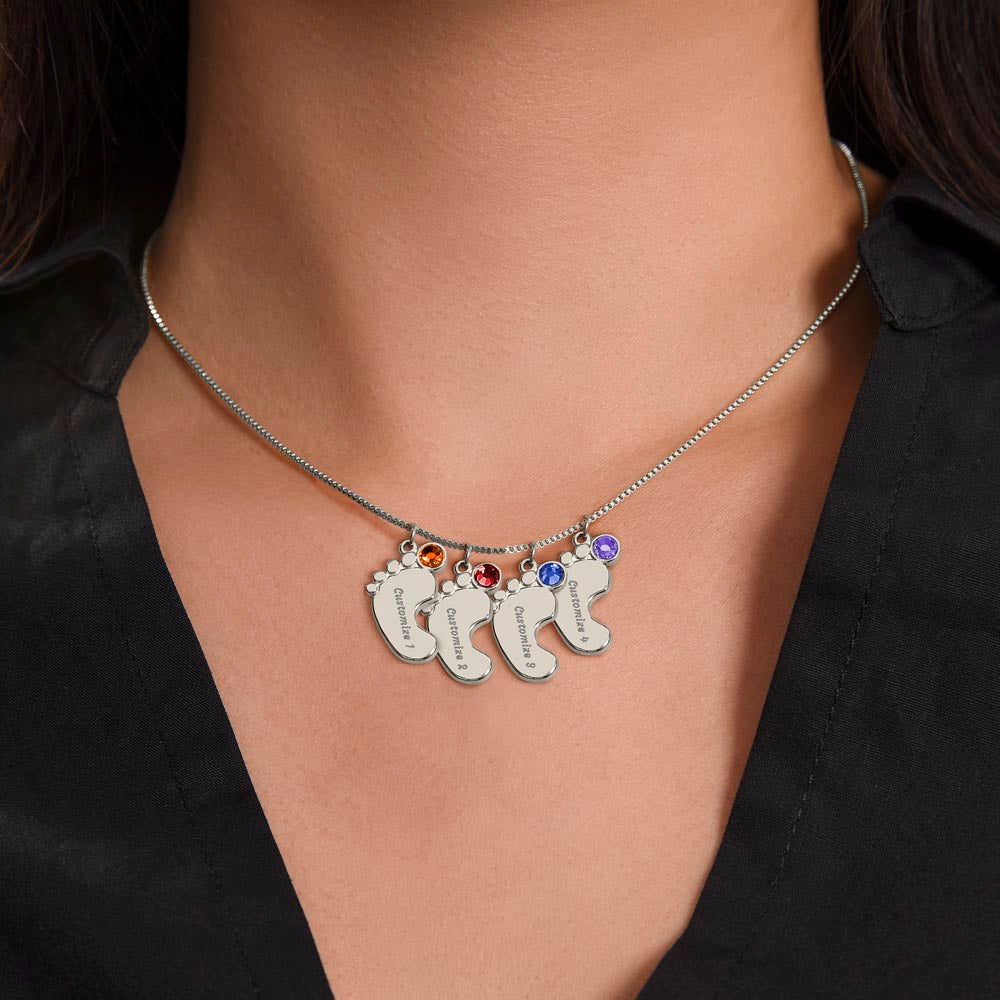 Personalized Mum Engraved Baby Feet Necklace with Birthstone