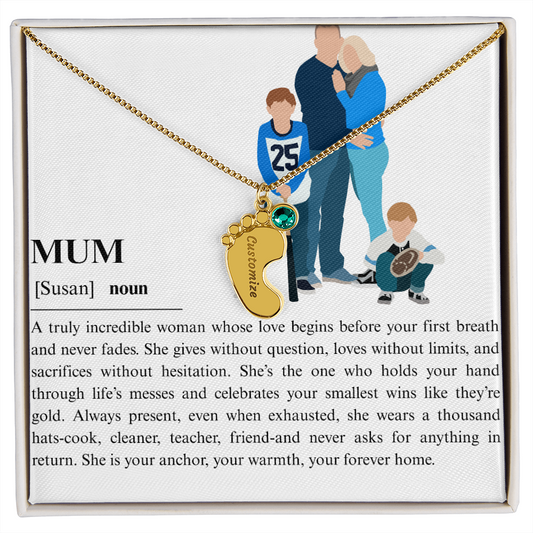 Personalized Mum Engraved Baby Feet Necklace with Birthstone