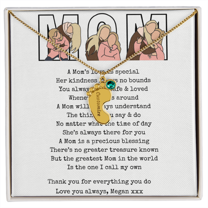 Personalized Mom Engraved Baby Feet Necklace with Birthstone