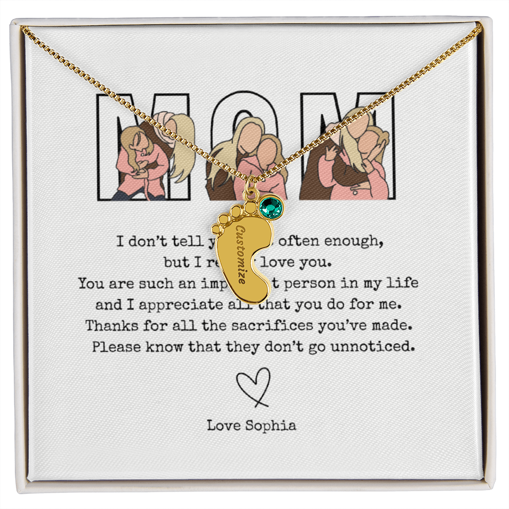 Personalized Mom Engraved Baby Feet Necklace with Birthstone