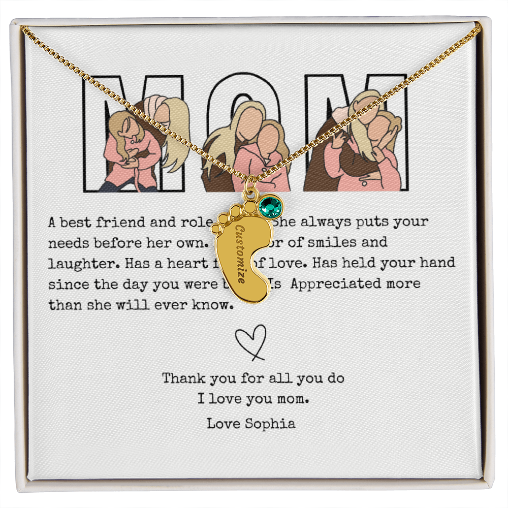 Personalized Mom Engraved Baby Feet Necklace with Birthstone