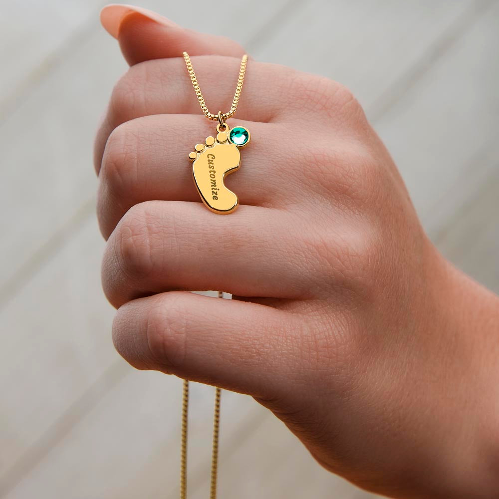 Personalized Mom Engraved Baby Feet Necklace with Birthstone