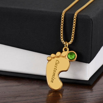 Custom Mom Engraved Baby Feet Necklace with Birthstone