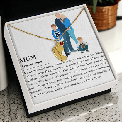 Personalized Mum Engraved Baby Feet Necklace with Birthstone