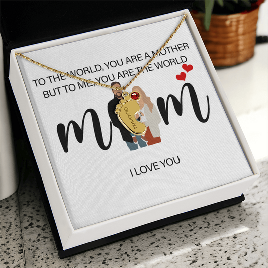Personalized Mom I Love You  Engraved Baby Feet Necklace with Birthstone