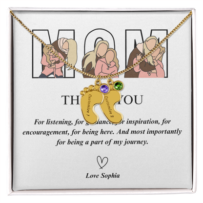 Personalized Thank You Mom  Engraved Baby Feet Necklace with Birthstone