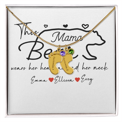 Personalized Mama Bear Engraved Baby Feet Necklace with Birthstone