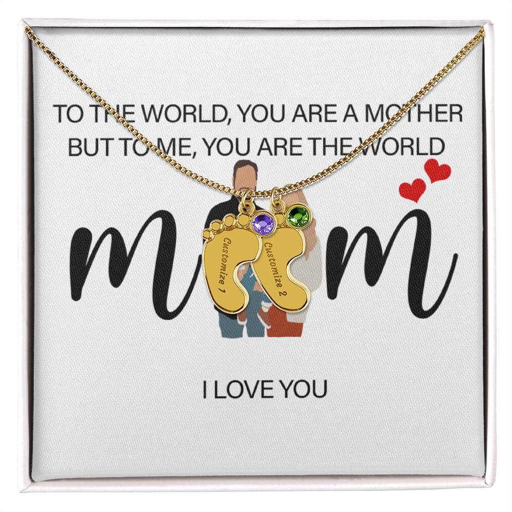 Personalized Mom I Love You  Engraved Baby Feet Necklace with Birthstone