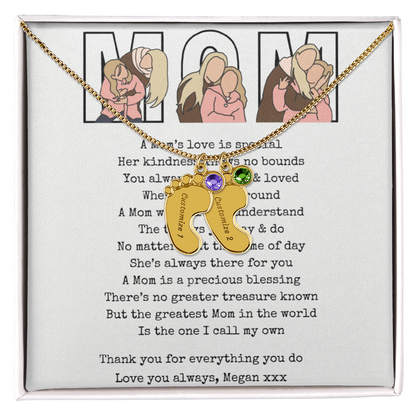 Personalized Mom Engraved Baby Feet Necklace with Birthstone