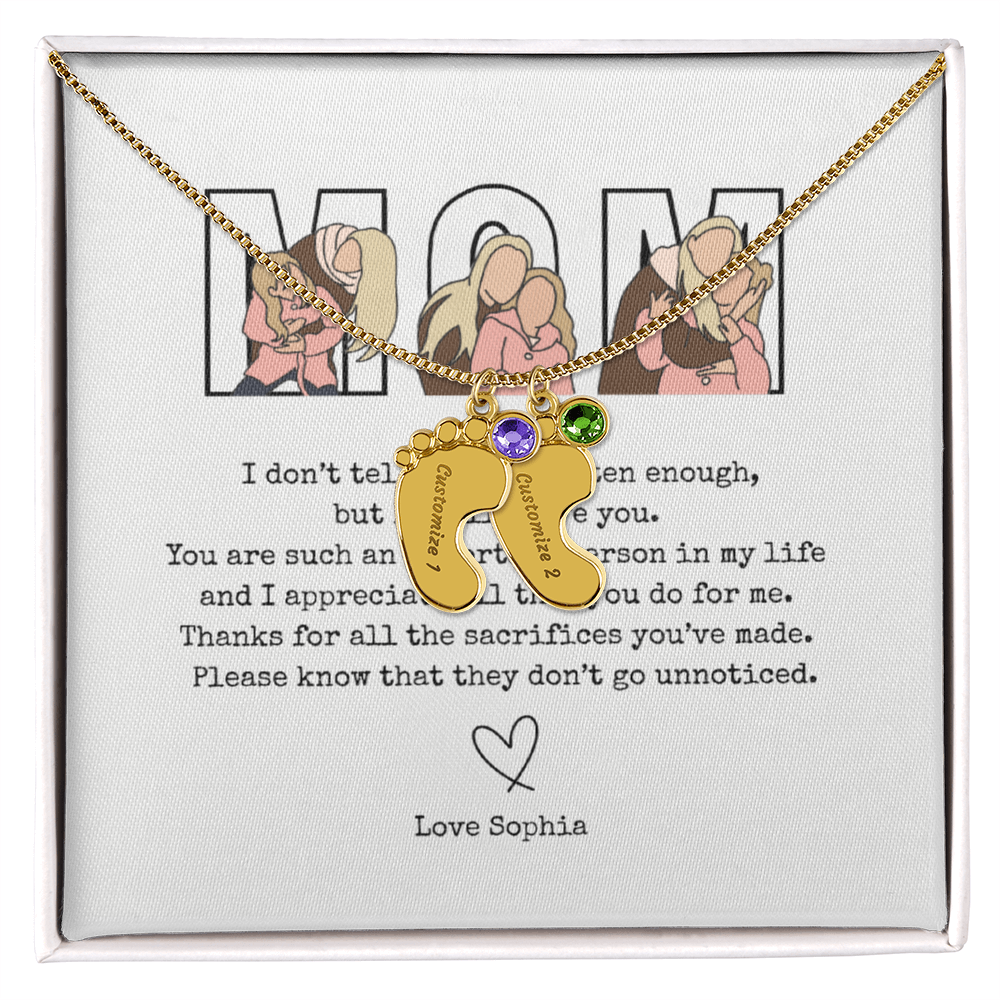 Personalized Mom Engraved Baby Feet Necklace with Birthstone