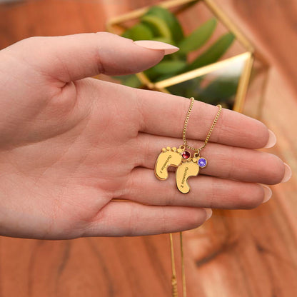 Personalized Mom Engraved Baby Feet Necklace with Birthstone