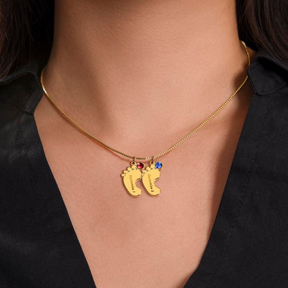 Personalized Mom Engraved Baby Feet Necklace with Birthstone
