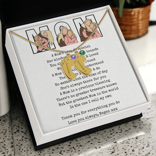 Personalized Mom Engraved Baby Feet Necklace with Birthstone