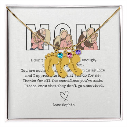 Personalized Mom Engraved Baby Feet Necklace with Birthstone