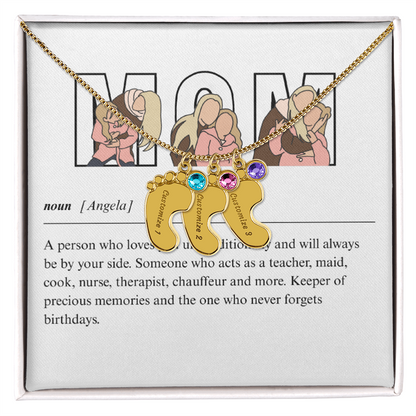 Custom Mom Engraved Baby Feet Necklace with Birthstone